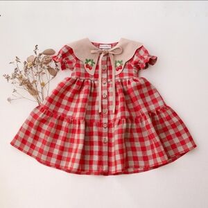 Handmade Red Plaid Ruffle Dress with Embroidered Collar | 2-3Y